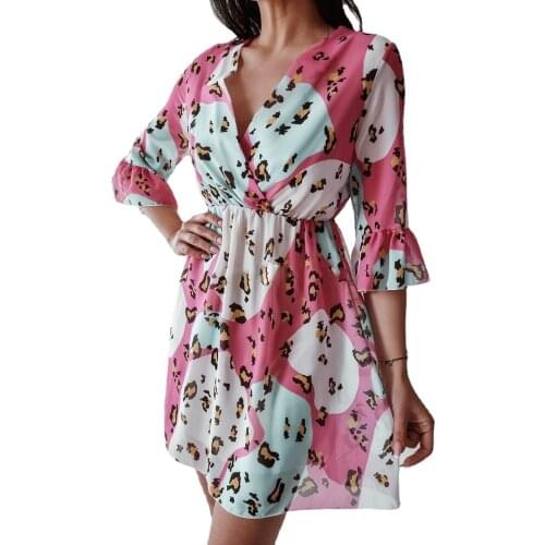 2021 Ladies Mini Skirt Summer New Lotus Leaf Sleeves V Neck Dress Fashion Elegant Leopard Print Loose Splicing Dress
