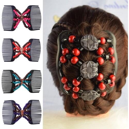 Fashion Magic Hair Comb Imitation Wood Hair Combs Double Row Insert Comb Wood Bead Change Hair Comb Elastic Hairpin Stretch Comb