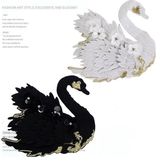 New High-quality Embroidery Hand beading patch Rhinestone Black and white swan applique by sew-on DIY handmade