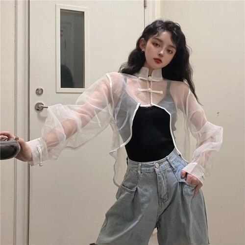 2020 new vintage personality mesh jacket women irregular length long sleeve thin jacket solid pullovers jacket