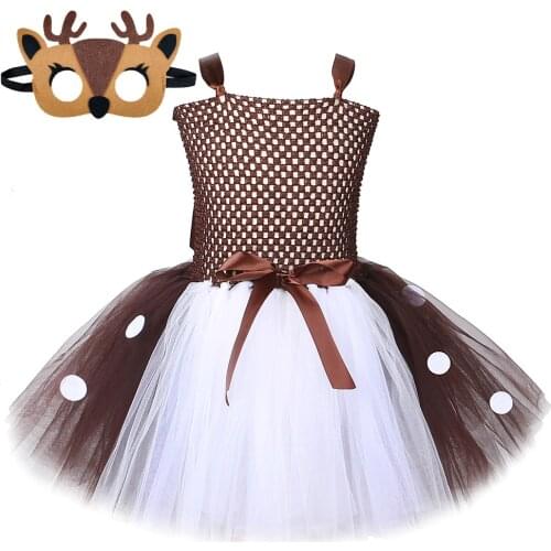 Baby Girls Deer Tutu Dress with Mask Halloween Woodland Animal Costumes Reindeer Princess Dress Girl Fawn Tulle Outfit for Kids