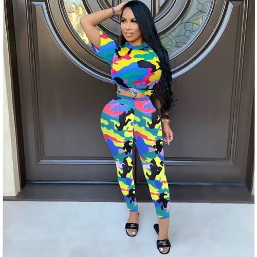 RMSFE 2021 Womens Short Sleeve Crew Neck Fashion Personality Camouflage Print Casual Sports Two Piece Set