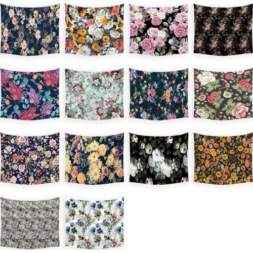 Nordic Retro Black Flower Printed Tapestry Wall Hanging Polyester Rose Decoration Floral Tapestry Bedroom Living Room Tapestries