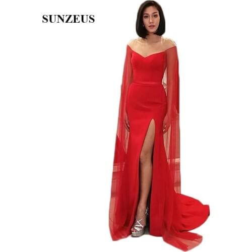 Hot Red Leg Slit Sexy Long Evening Dresses Illusion O-Neck Evening Gowns Long Sleeve Open Back Party Gowns abiti da sera SE11