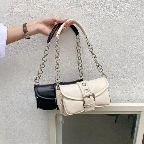 Ansloth Retro Round Ring Shoulder Bag For Women Baguette Bag Chain PU Leather Female Underarm Bag Small Flap Bags Tote HPS1186