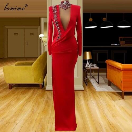 Gorgeous Red Long Sleeves Formal Evening Dresses 2021 Dubai Crystals Celebrity Dresses Evening Wear Vestido De Fiesta De Boda