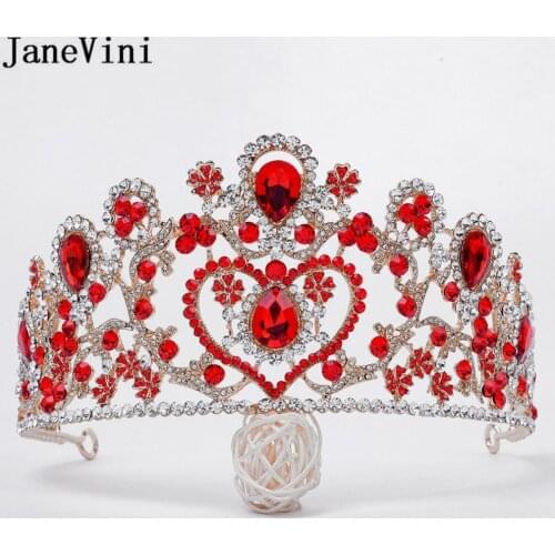 JaneVini High-end Crystal Queen Crown Red Diamond Bride Hair Jewelry Sparkling Bride Tiaras and Crowns Vintage Wedding Headband