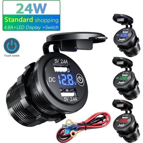 4.8A LED Display Dual USB Charger Socket Touch Switch Waterproof Universal Motorcycle Truck VAN Car Charger For Phone Tablet DVR