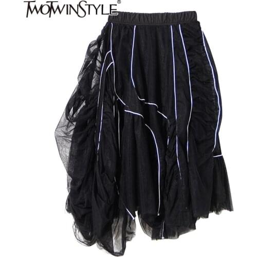 TWOTWINSTYLE White Patchwork Ruffle Skirt For Women High Waist Hit Color Irregular Korean Skirts Female Fashion New Clothing