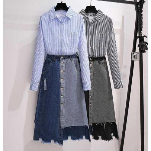 Single / Set Denim Suit Womens 2021 New Suit Long Sleeve Shirt Denim Splicing Long Skirt Fashion Two-piece Set