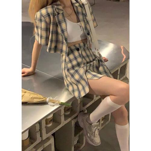 Matching Set Blazer And Skirts Women Preppy style Navel Exposed Short Short Sleeve Blazer Feminino Femme Summer Two Piece Set