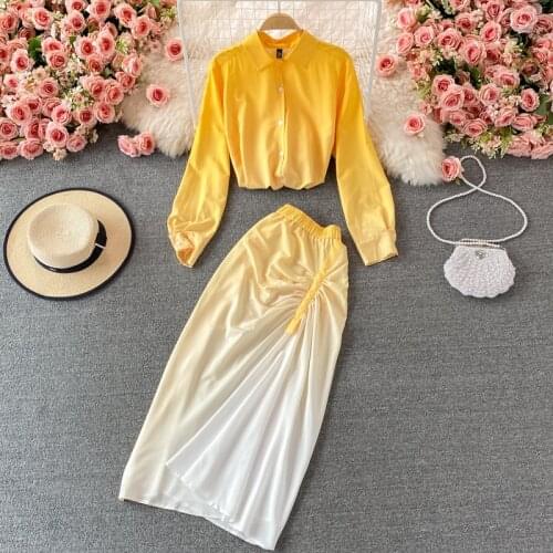Womens Two Pieces Skirt Set Solid Color Fashion Short Blouse Shirt & High Waist A-line Pleasted Midi Skirts Female 2021