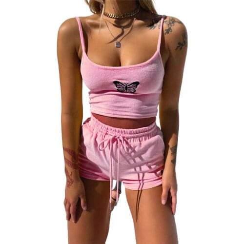 Xingqing 2Pcs Women Shorts Outfits Butterfly Printed Sling Sleeveless Short Vest Tops+Elastic Short Pants Sets Matching Sets