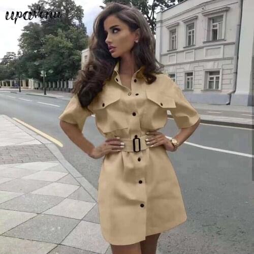 Free Shipping 2021 New Summer Women Dress Elegant Lapel Short Sleeve Belt Single Breasted Dress Club Party Mini Dresses Vestidos
