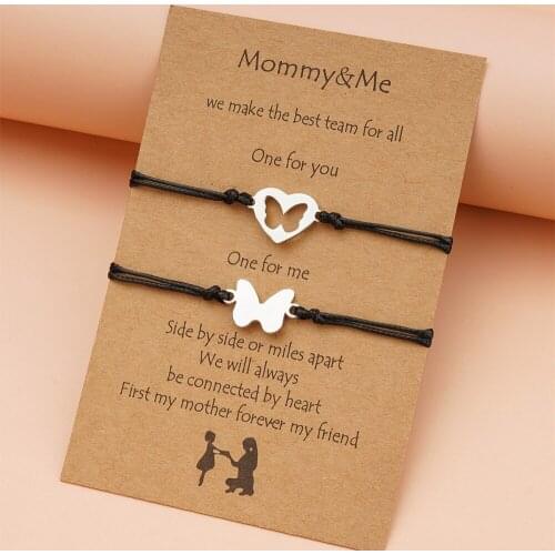 2pcs/set Mommy & Me Card Bracelet Mothers Day Gift Hollow Heart Butterfly Charm Bracelet Adjustable Chain Fashion Jewelry