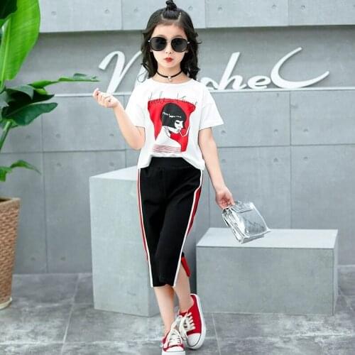 2021 Summer Baby Girl Clothes Child Set 4-14T Child Girl Short Sleeve Girl Print Sports Clothes Two-piece Suit School Set
