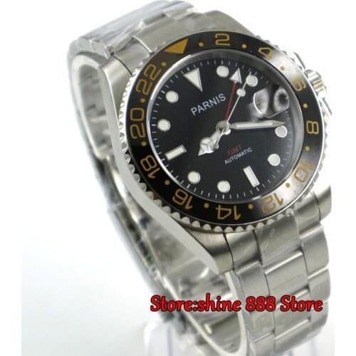 40mm Parnis black dial Sapphire glass Ceramic bezel GMT automatic mens watch p09