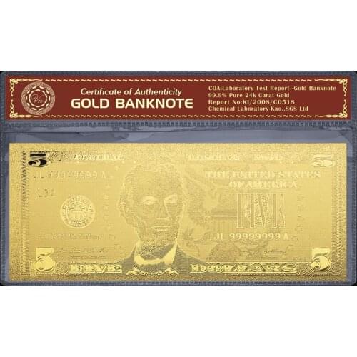 USD 24k Gold Plated Banknote Copy Paper Money USD 5 Dollar Bill Collection Home Decoration Crafts Display Stand Money Collection