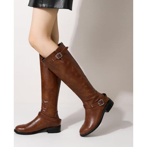 Fashion Round Toe Women Boots Lace-Up Riding Motorcycle Boots Low Heel Knee High Boots Buckle Zipper Female Boots Botas Brown 43