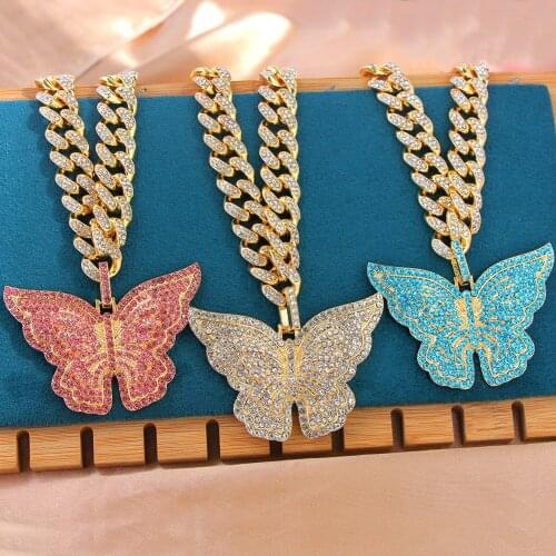 JUST FEEL Women Hip Hop Iced Out Bling Butterfly Pendant Necklaces With 12mm Width Cuban Chain Choker Necklace Fashion Jewelry