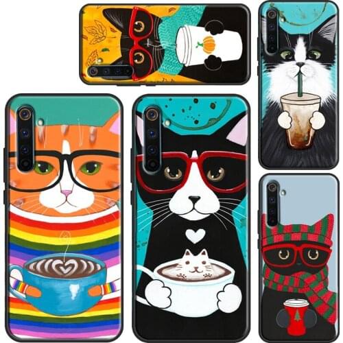 Cute Coffee Milk Cat Case For OnePlus 8T 9R Nord 7 8 9 Pro Coque For Realme 8 Pro Q3 6 7 C3 C11 C21 C15 GT Neo