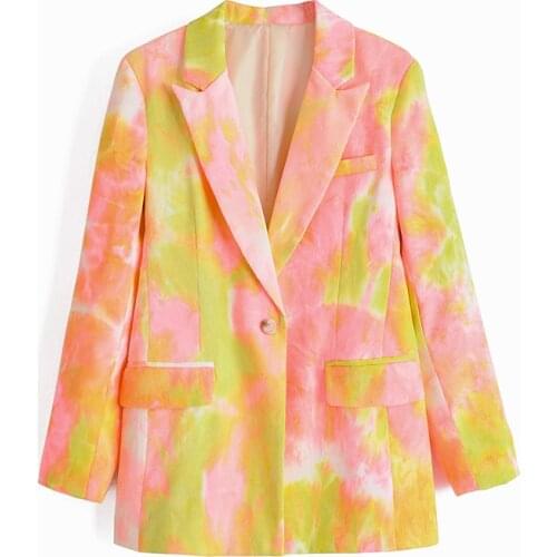 Elegant women tie-dye blazer 2021 office ladies yellow and rad print jackets casual female single button suits chic girls pocket
