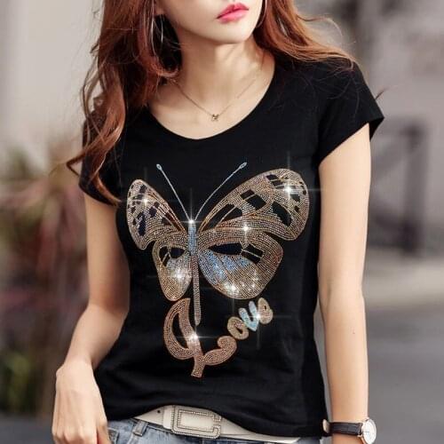 Cotton Diamond Short-sleeved T-shirt Women 2021 Summer New T-shirt Korean Round Neck Top T-shirt for Women Kawaii Clothes