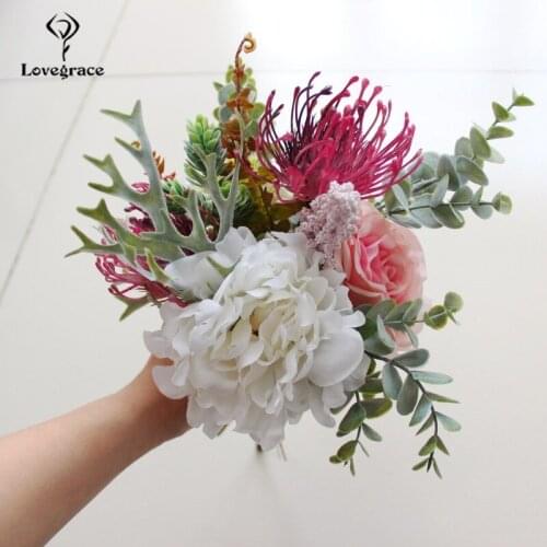 Lovegrace Wedding Rose Bouquet Flower Artificial Silk Peony Pompon Eucalyptus Leaf Staghorn Fern Unique Bride Wedding Bouquet