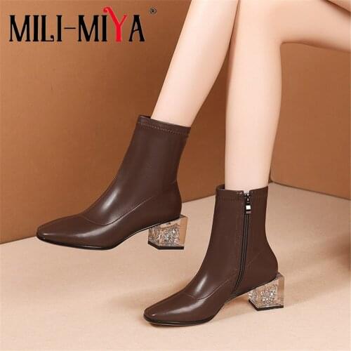 MILI-MIYA Fashion Square Crystal Heels Women Stretch Microfiber Ankle Boots Zipper Round Toe Solid Color Size 34-39 For Ladies