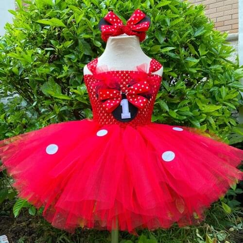 Lovely Baby Red Mickey Cartoon Tutu Dress Girls Crochet Tulle Dress with Dots Bow and Hairband Kids Birthday Party Costume Dress
