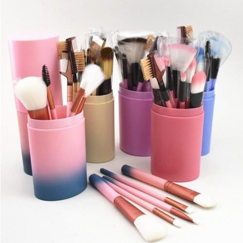 12pcs Makeup Brushes with Holder Tube Convenient Portable Leather Cup Natural Hair Synthetic Duo Fiber tool kit