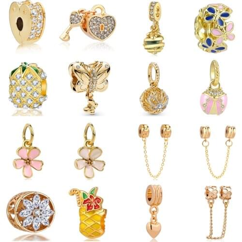 2020 new 4pcs gold color butterfly flower heart ladybug key lock bee diy bead fit Pandora charms bracelet X077