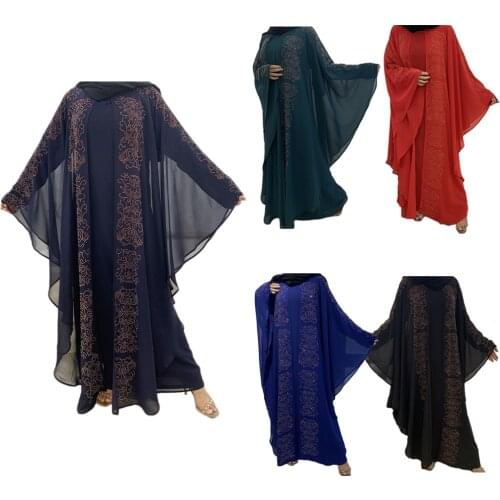 Kaftan Abaya Rhinestone Bat Sleeve Arab Open Kimono Muslim African Islamic Maxi Robe Jilbab Moroccan UAE Chiffon Dubai Party New