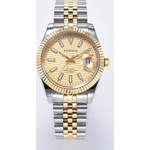 New Arrival Parnis Gold Dial Mens Watches Calendar Miyota 8215 Automatic Mechanical Men Wristwatch 2021 Top Brand With Box Gift