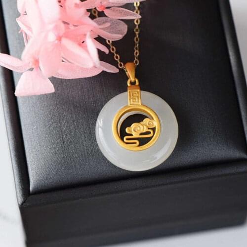 Original Natural Hetian White Jade Inlaid S925 Sterling Silver Ancient Style Thick Gold Peace Buckle Pendant Buckle Eyes Auspici