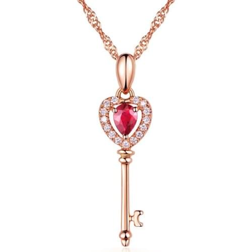 Small Key ruby crystal pendant necklaces for women girl red gemstones 14k rose gold tone jewelry fashion party gift sweet bijoux