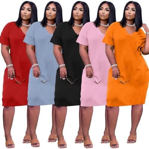 Plus Size 3xl Dress Fashion Casual Women Clothing Sexy Solid Color V Neck Short Sleeve Low Waist Loose Mini Dresses Wholesale
