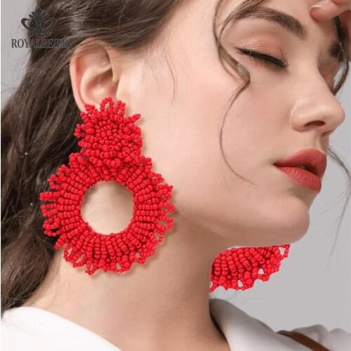 ROYALBEIER 2021 New Beaded Earring Red Round Pendant Earrings Bohemian Rice Beads Earrings Fashion Jewelry Clothing Accessories