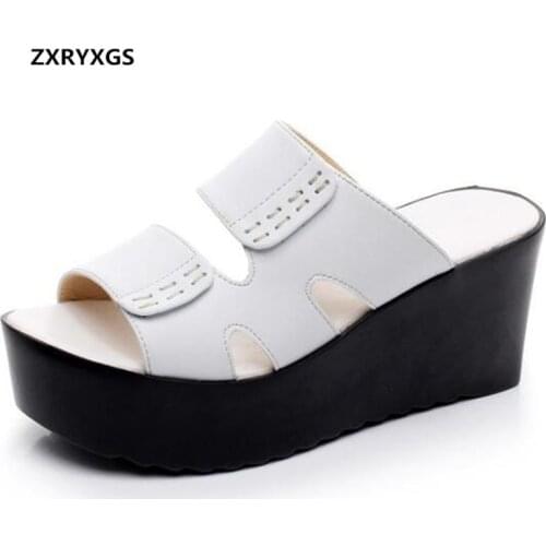 ZXRYXGS Brand Non-slip Thick Bottom Wedges Sandals Women Slippers 2019 New Summer Genuine Leather Shoes Woman Shoes Sandals