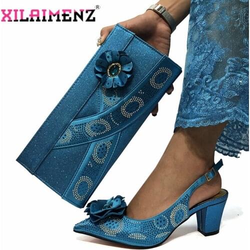 Blue High Quality and Special Design Woman Shoes And Matching Bag Set Mature Style Pumps Shoes And Bag Set For Party Wedding