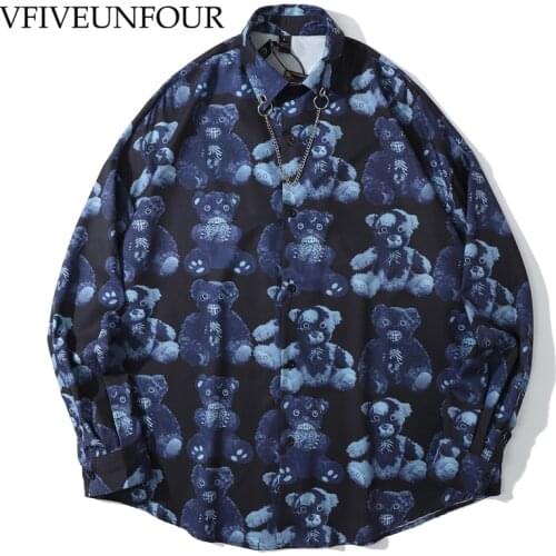 VFIVE UNFOUR Streetwear Long Shirts Hip Hop Cartoon Skull Bear Print Long Sleeve Shirts Harajuku Fashion Casual Oversized Tops
