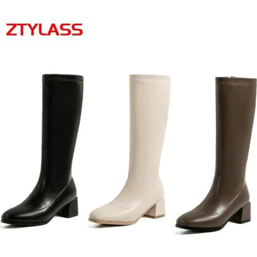 Black Brown Beige Women Stretch Boots Fashion Zipper Thick Heel Knee High Boots Ladies Square Toe Autumn Winter Shoes Size 42 43