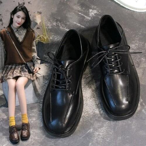 Solid Leather Casual Shoes Woman Flats Lace Up Thick Bottom Square Low Heels New Autumn Winter Oxford Shoes for Women Plus Size