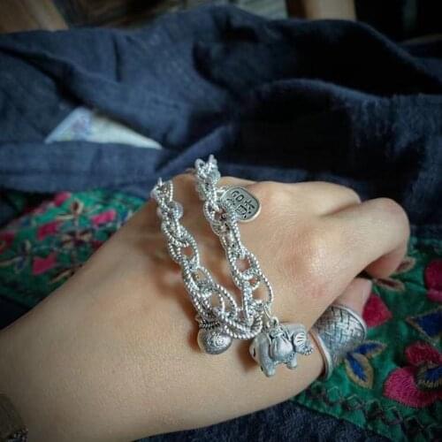 Johnature Tibetan Silver Original Elephant 2021 New National Metal Trend Handmade Bracelets Women Vintage Hangings Bracelets