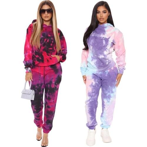 Tie-dye printed two-piece casual sportswear womens top + pants hoodie pullover with pocket suit ladies suit