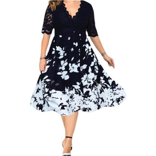 Plus size dresses for women 4xl 5xl 6xl Casual short sleeve v neck lace top patchwork print hemline A-line dresses Large size