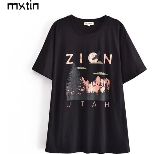 2021 Summer Fashion Natural Scenery Print T Shirt Women Vintage Casual Tops Tees Loose Female Harajuku Ladies Long T-Shirt