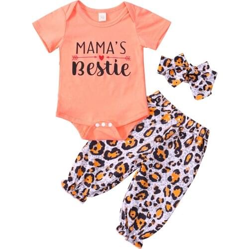 2021 0-18M Cute Infant Baby GIrl Clothing Letter Print Short Sleeve Romper+Leopard Long Pants+Headband Summer 3pcs Set