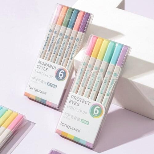 6pcs Light Color Highlighter Marker Pens Set Dual Side Protect Eyes Morandi Style Fluorescent Liner Drawing Office School A6240