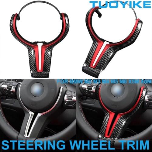 Car Real Carbon Fiber Steering Wheel Red Trim Cover Sticker Replace For BMW M2 F87 M3 F80 M4 F82 M5 F10 M6 F06 X5M X6M 2014-2018